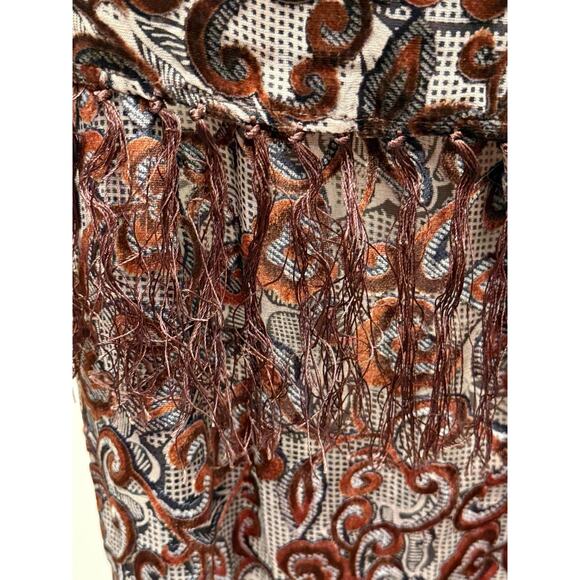 Silk Burnout Velvet Satin Floral Scarf Black Brown Fringe 20 X 68 Inch - Picture 3 of 11